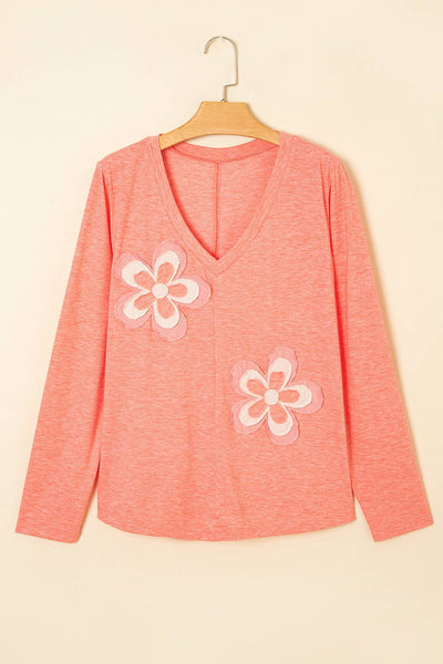 LDC Floral Patchwork V Neck Long Sleeve T Shirt