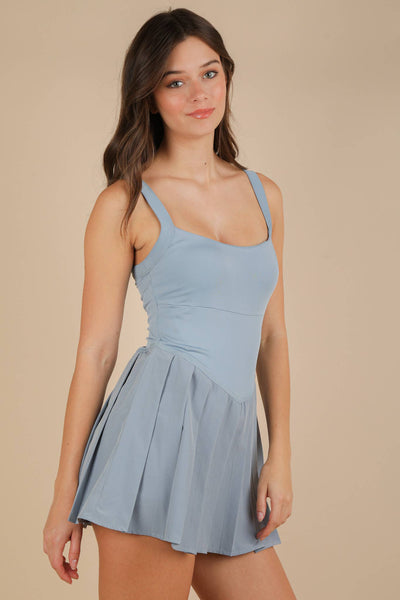 Pleated Skirt Activewear Dress W/ Under Shorts: SKY