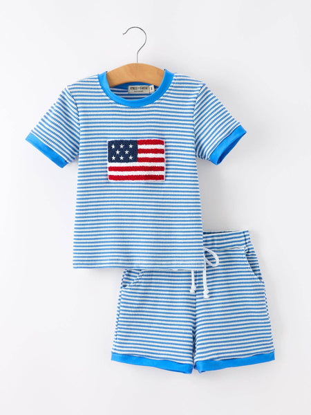 4th of July Flag Chenille Boys Set Blue Stripe Shorts: