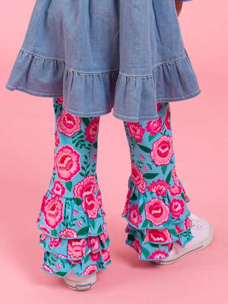 Girls Light Wash Denim Stretch Denim High Low Ruffle Tunic