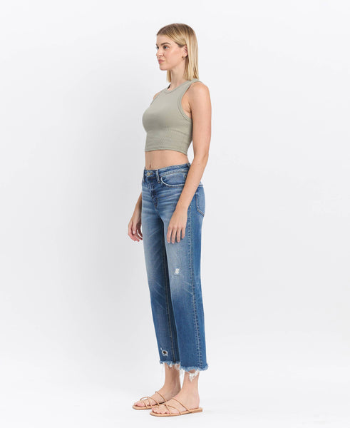 HIGH RISE FRAYED HEM CROP STRAIGHT JEANS F5569: ADMIRE