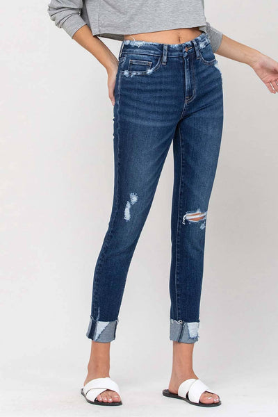 HIGH RISE DISTRESSED CUFFED CROP SKINNY JEANS V2173: ZEKE