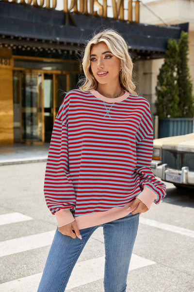 Striped Crew Neck Contrast Color Loose Long Sleeve Sweater: Blue and white stripes