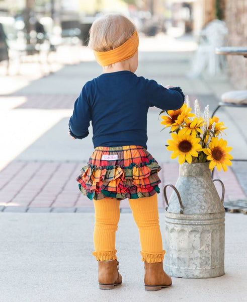 Girls Honey Mustard Rib Knit Footless Ruffled Tights: