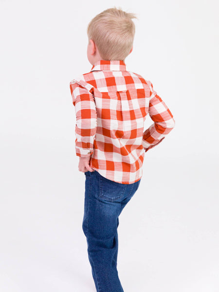 Boys Rust Plaid Long Sleeve Button Down Shirt: Orange