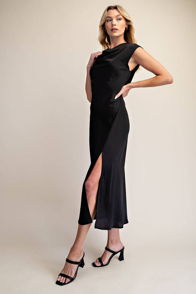 Short-Sleeve Cowl-Neck Slip Midi Dress: Cream