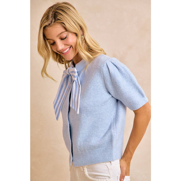 WOMENS LIGHT BLUE BOW TIE SHORT SLEEVE KNIT CARDIGAN