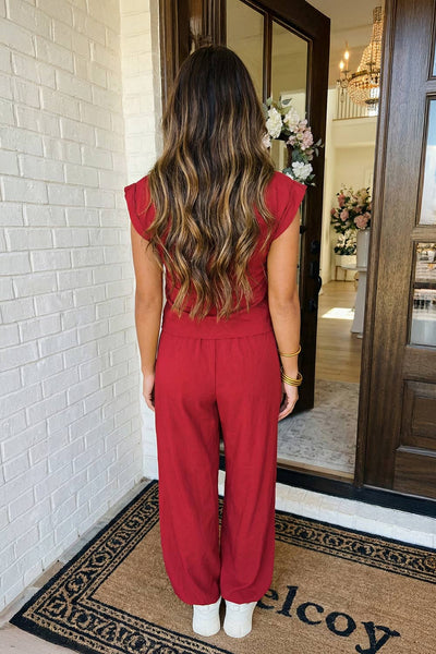 LAS Solid Color Cropped Tank Top and Jogger Pants Set Red