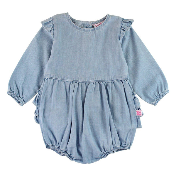 Baby Girls Light Wash Denim Long Sleeve Flutter Bubble Romper: Blue