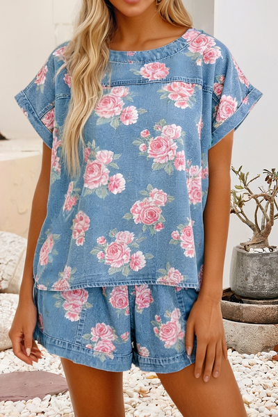 LDC Cuffed Retro Floral Top Loose Shorts 2pcs Denim Set: Sky Blue