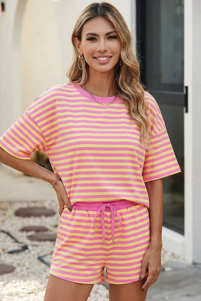 LDC Stripe Drop Shoulder Boxy Casual Terry Short Set: Rose Stripe