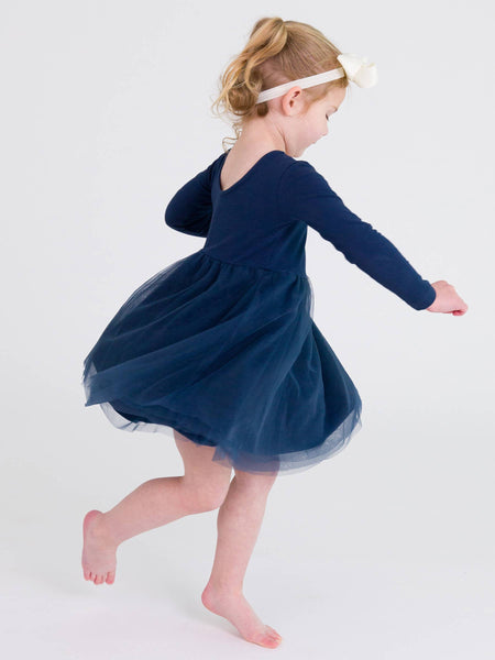 Girls Dark Navy Long Sleeve Tulle Twirl Dress: Navy