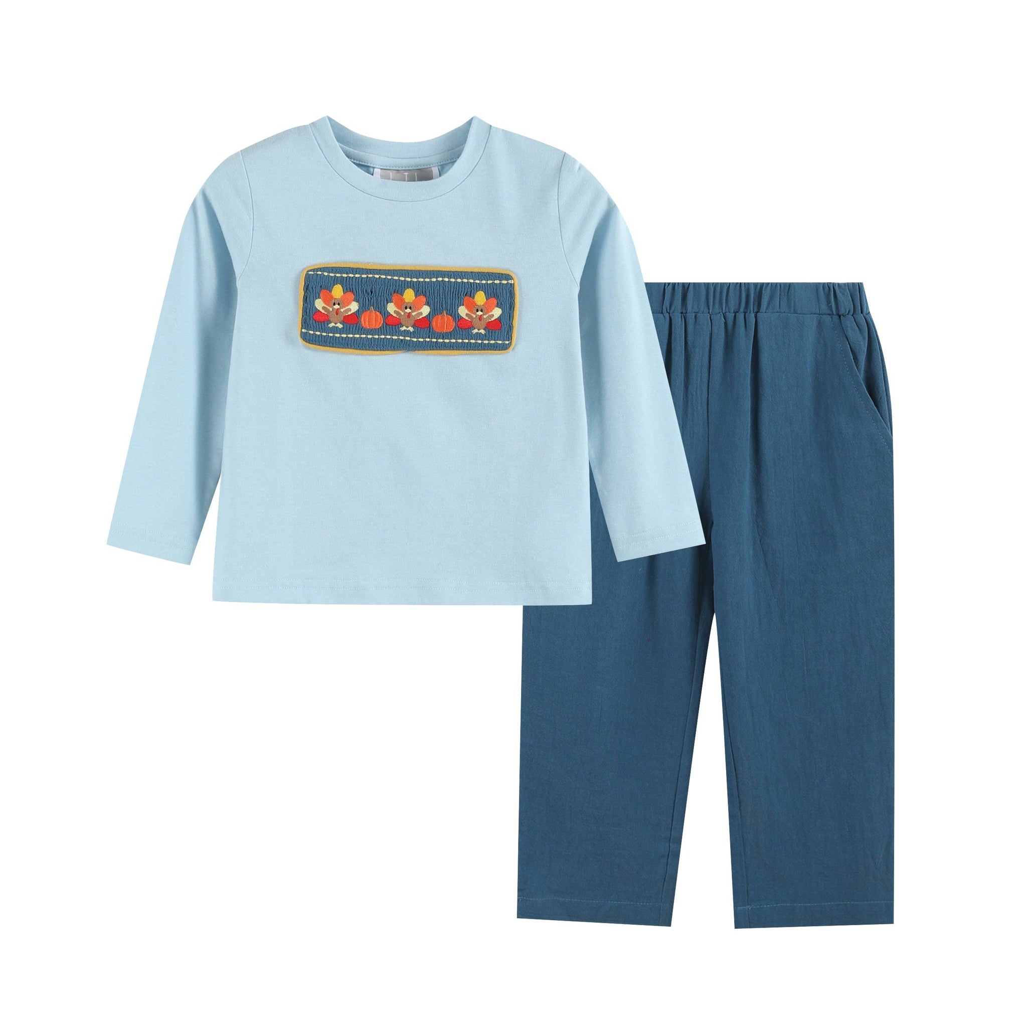 Blue Turkey Smocked Shirt and Pants Set: