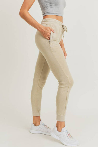 Skinny Fleece Joggers with Zippered Pockets: NATURAL