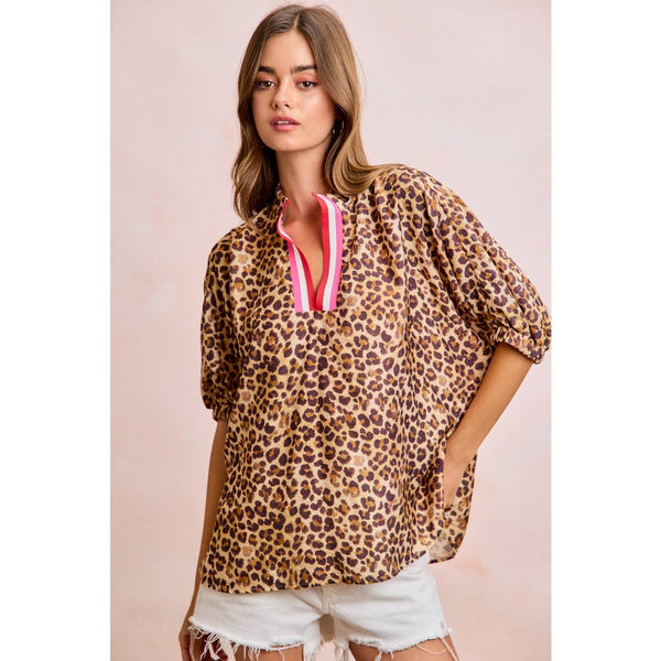 LEOPARD CONTRAST BANDED DOLMAN SLEEVES BLOUSE TOP: LEOPARD / S