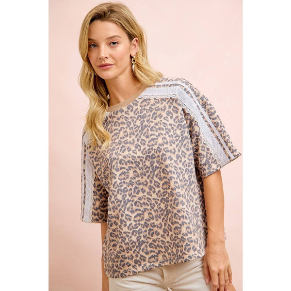 LEOPARD TERRY SIDE DETAIL SHORT SLEEVES TOP: