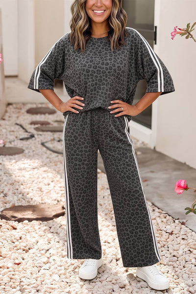LDC Varsity Striped Leopard 3/4 Sleeve Top and Pant Set: Gray