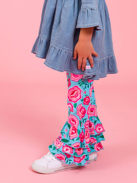 Girls Light Wash Denim Stretch Denim High Low Ruffle Tunic