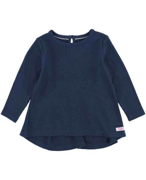 Girls Dark Navy Waffle Knit Long Sleeve Bow Back Top: Blue