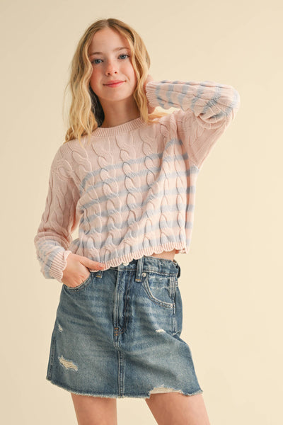 GIRLS KIDS CABLE KNIT BOXY CROPPED PULLOVER