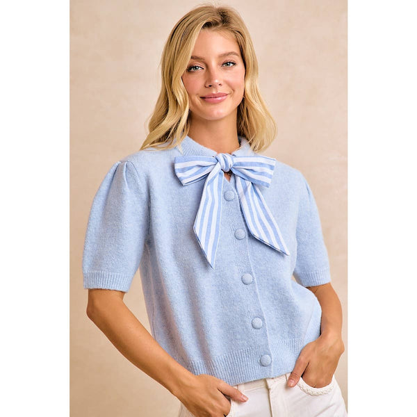 WOMENS LIGHT BLUE BOW TIE SHORT SLEEVE KNIT CARDIGAN
