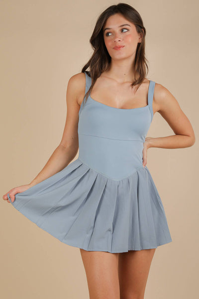 Pleated Skirt Activewear Dress W/ Under Shorts: SKY