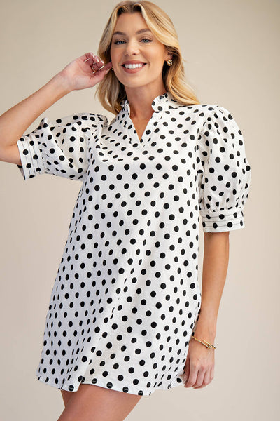 Ruffle V-Neck Puff Sleeve Polka Dot Mini Dress: white/black