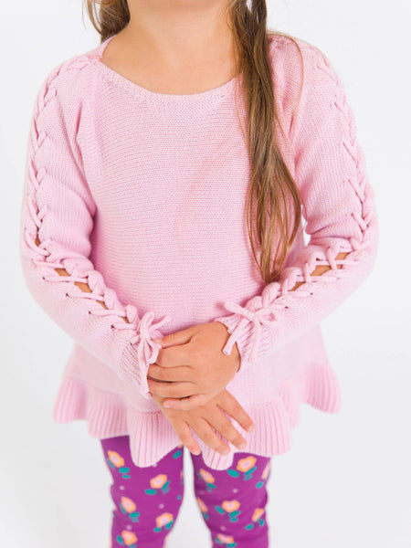 Girls Pink Ruffle Hem Lace Up Sweater