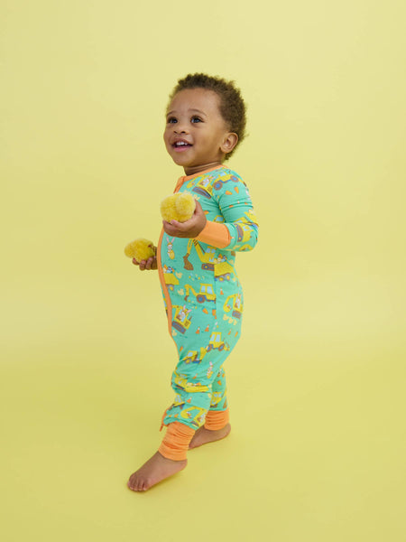 SoftSnooze™ Baby Bamboo Viscose Bunny Builders Convertible One Piece Footie Pajama: Green