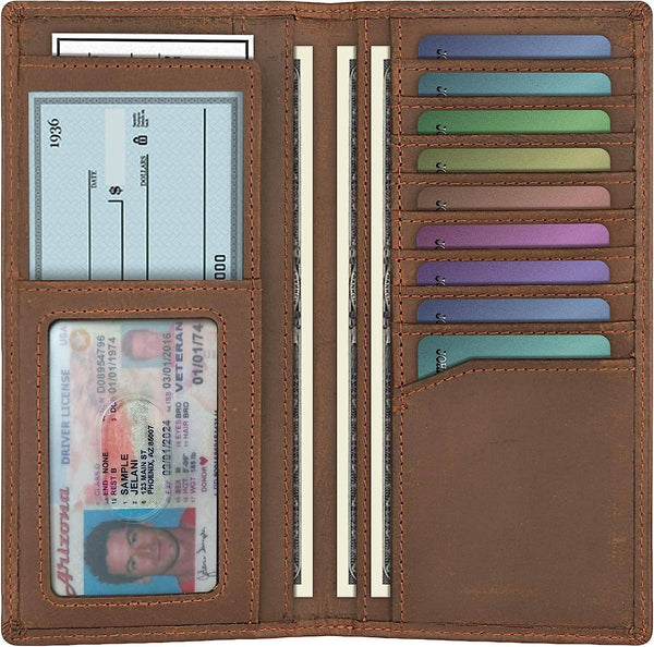 Genuine Leather Bifold Wallet Long Wallets for Men Women: Brown