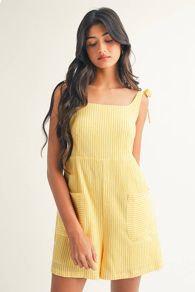 LDC Stripe Shoulder Tie Smocked Back Wide Leg Casual Romper: Yellow