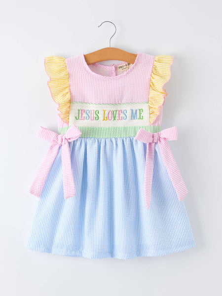"Jesus Loves Me "Embroidered Girls Dress: