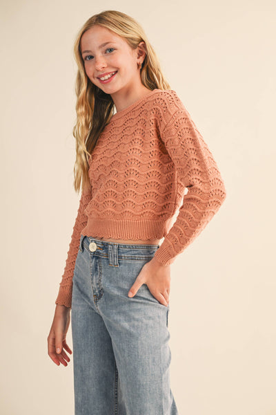 GIRLS KIDS CREW NECK WAVY POINTELLE L/S SWEATER