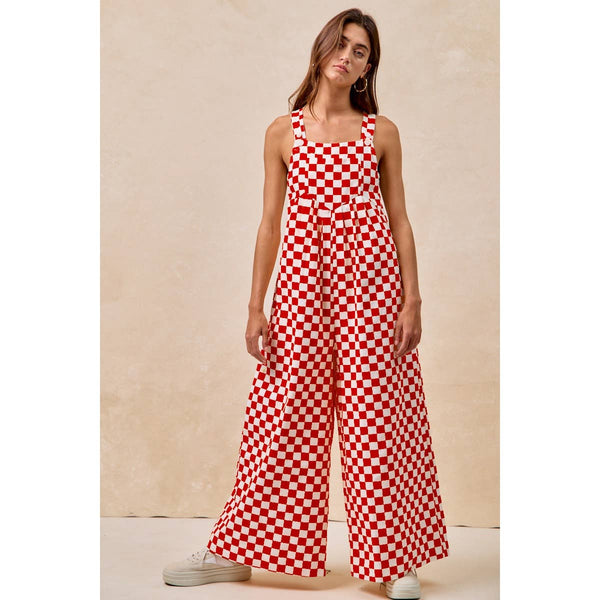 GAMEDAY THEME PLAID PRINTED OVERALL WITH PLEATS: RED / S