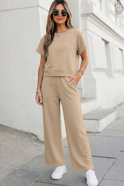 Soft Color Tee & Wide Leg Pants 2pcs Set Khaki