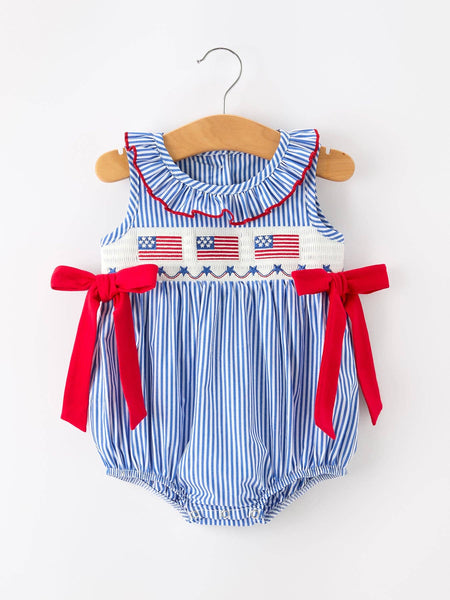 Girls 4th of July Plaid Romper Bow Smocked Embroidery: