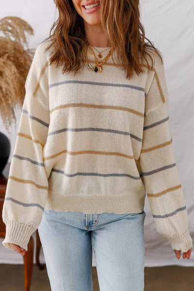 LDC Striped Ribbed Edge Drop Shoulder Sweater: Pink Stripe / S