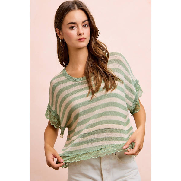 STRIPED CONTRAST LACE DETAIL LIGHTWEIGHT KNIT TOP: PALE BANANA / M