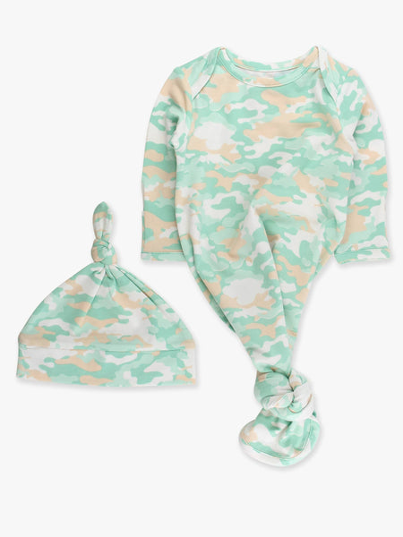 SoftSnooze™ Baby Cotton Modal Sage Trail Camo Knotted Sleep Gown & Hat Set: Green / Newborn-3m