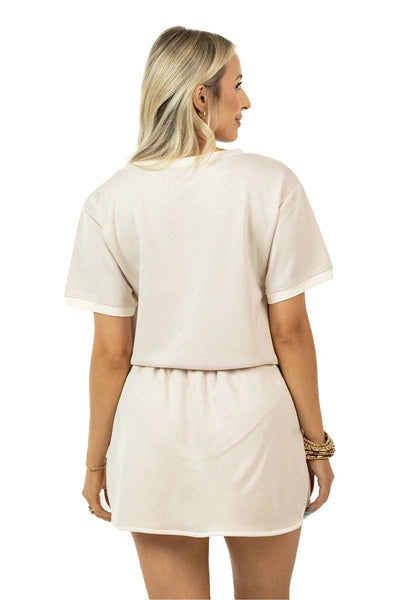 Beige and White Contrast Top and Skirt Set: Beige