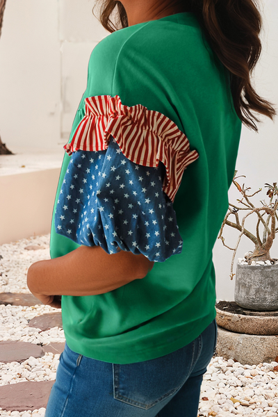 LDC Stars Stripes Round Neck Short Puff Sleeve Top