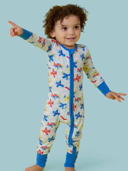 SoftSnooze™ Baby Bamboo Viscose Plane Parade Convertible One Piece Footie Pajama: Blue
