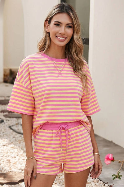 LDC Stripe Drop Shoulder Boxy Casual Terry Short Set: Rose Stripe