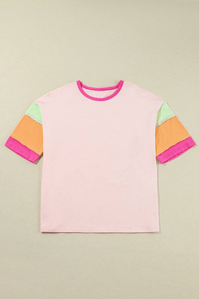 Colorblock 3/4 Sleeve Oversize Top: Pink