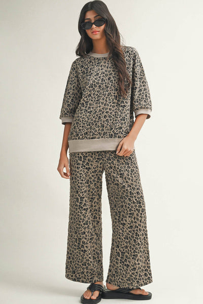 Spring Western Leopard Patchwork Pullover Wide Leg Pant Set: Khaki