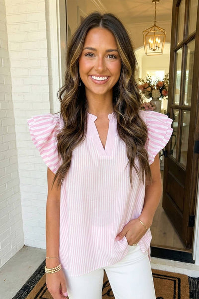 LAS Stripe Contrast V Neck Flutter Sleeve Blouse Pink Stripe