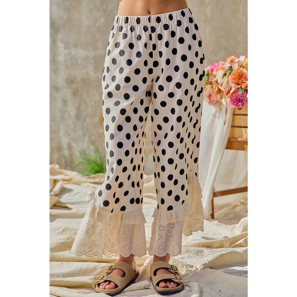 LINEN BLEND POLKA DOT PRINTED RUFFLE LACE HEM PANTS: CREAM/BLACK