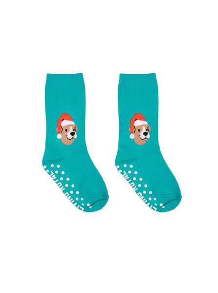 3D Packaged Crew Socks - Kids - Holiday - Santa Puppy -Teal