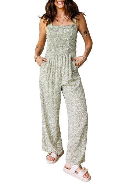 Floral Smocked Bodice Square Neck Sleeveless Jumpsuit Green
