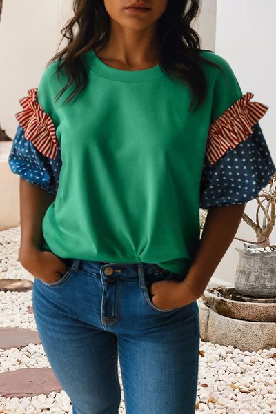 LDC Stars Stripes Round Neck Short Puff Sleeve Top